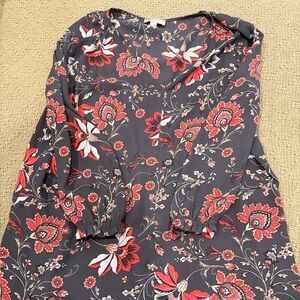 LOFT Black Floral Long-Sleeve Blouse with Red and White Accents